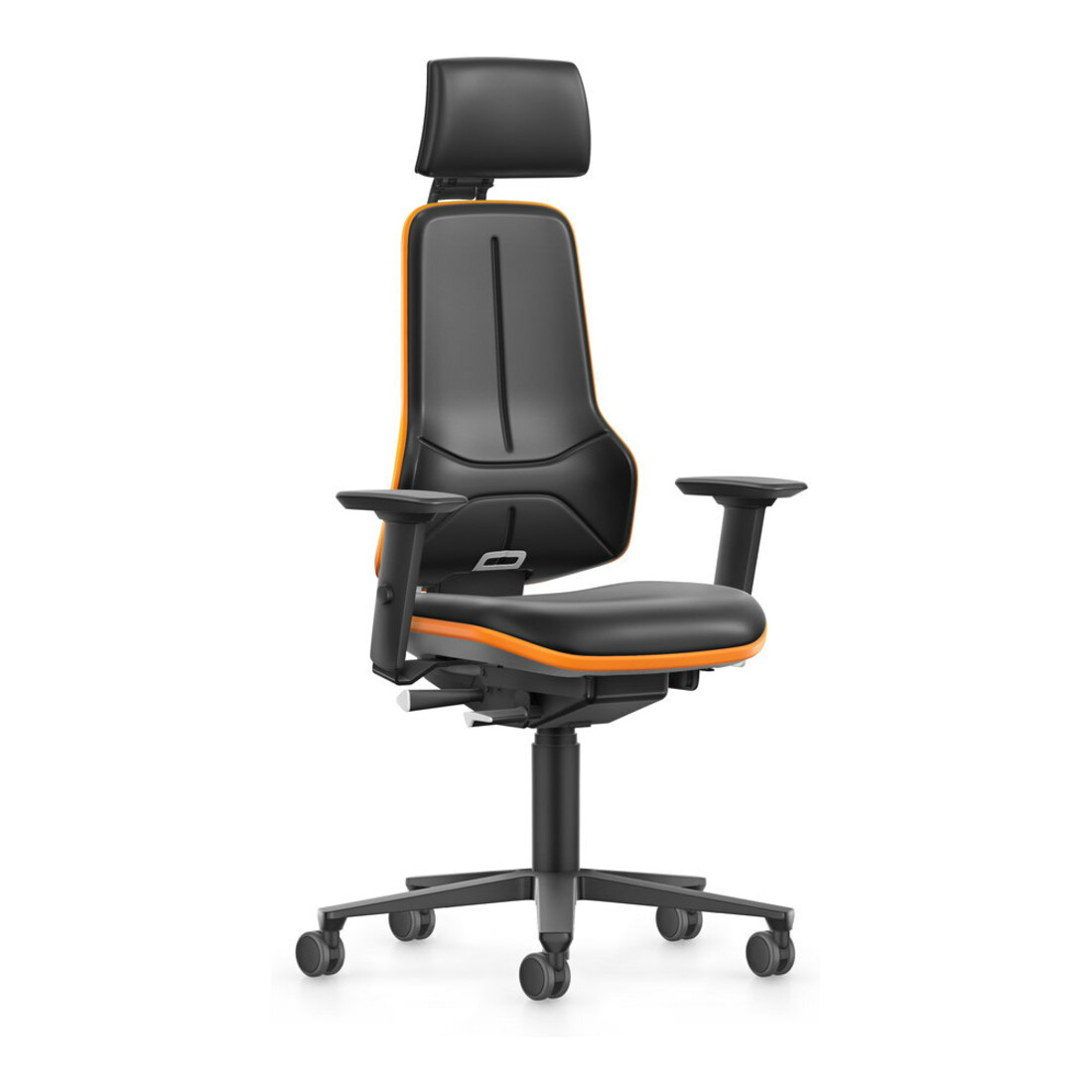 bimos Chaise de travail XXL orange avec roulettes, similicuir, appui-tête et accoudoirs