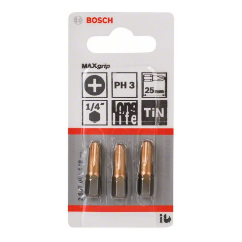 Bosch Bit Phillips MaxGrip, L25mm, 1/4", 3pz.