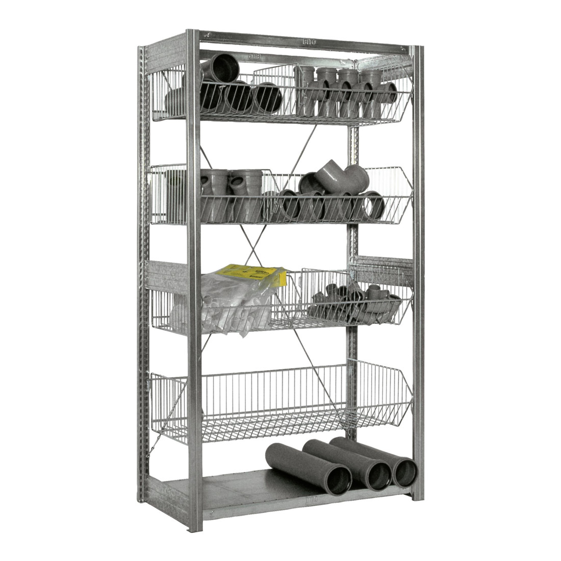 Bito Fachbodenregal Gitterkörbe L1058xH1850xT524 mm, Grundfeld verzinkt
