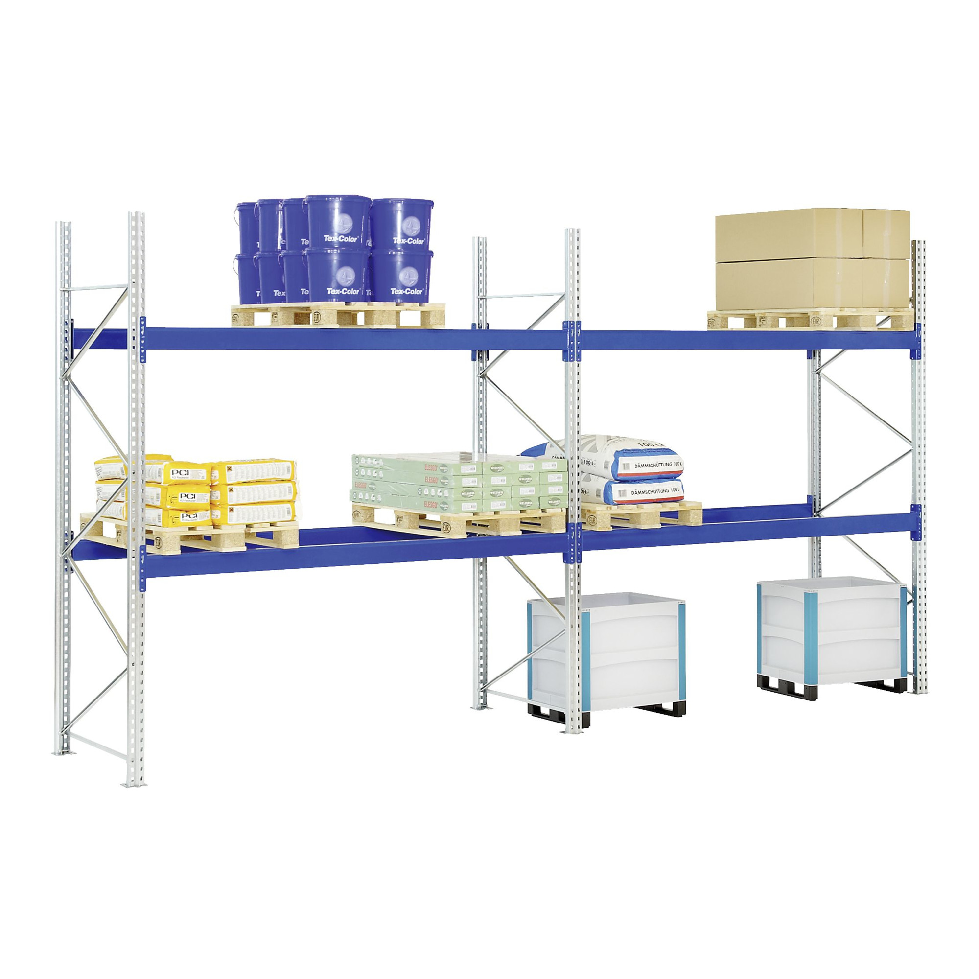 Bito Paletten-Komplettregal-Set P2 mit 2 Ebenen H5000xT1100xL11400 mm 1000 kg, unmontiert enzianblau