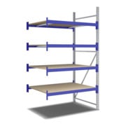 Bito Weitspannregal Set / F2 Anbaufeld 4 Ebenen H2500xT1100xB1350 mm, Spanplatte enzianblau-3