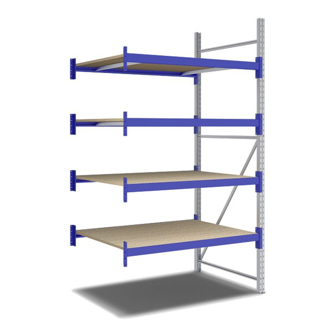 Bito Weitspannregal Set / F2 Anbaufeld 4 Ebenen H2500xT1100xB1350 mm, Spanplatte enzianblau