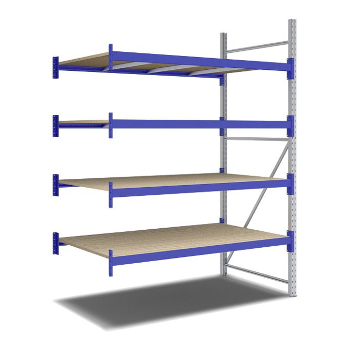 Bito Weitspannregal Set / F2 Anbaufeld 4 Ebenen H2500xT1100xB1800 mm, Spanplatte enzianblau