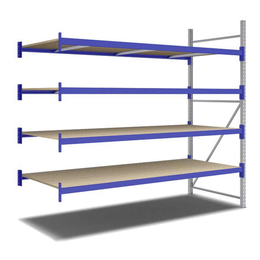 Bito Weitspannregal Set / F2 Anbaufeld 4 Ebenen H2500xT1100xB2700 mm, Spanplatte enzianblau