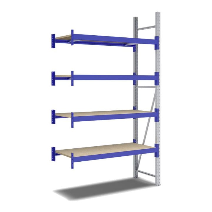 Bito Weitspannregal Set / F2 Anbaufeld 4 Ebenen H2500xT600xB1350 mm, Spanplatte enzianblau