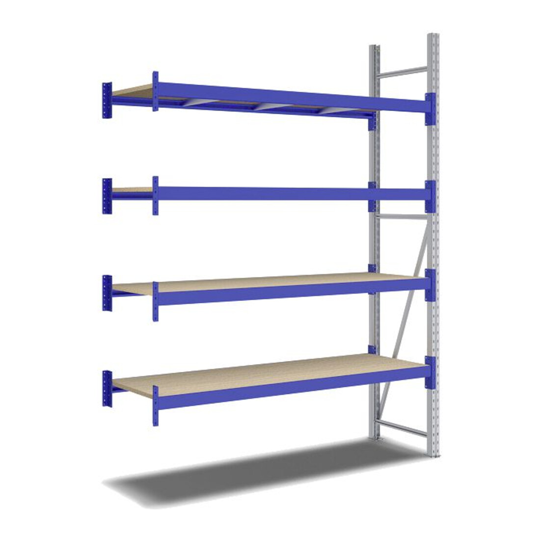 Bito Weitspannregal Set / F2 Anbaufeld 4 Ebenen H2500xT600xB1800 mm, Spanplatte enzianblau