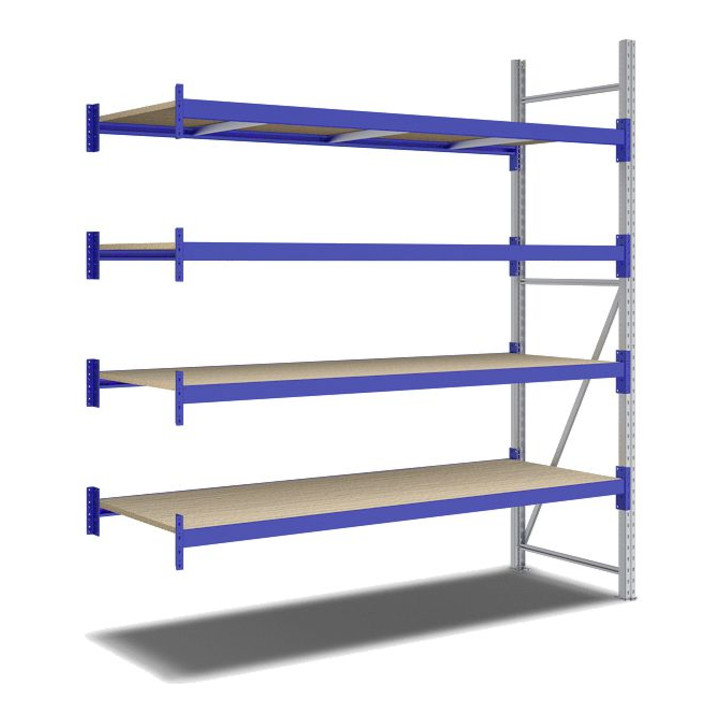 Bito Weitspannregal Set / F2 Anbaufeld 4 Ebenen H2500xT800xB2200 mm, Spanplatte enzianblau