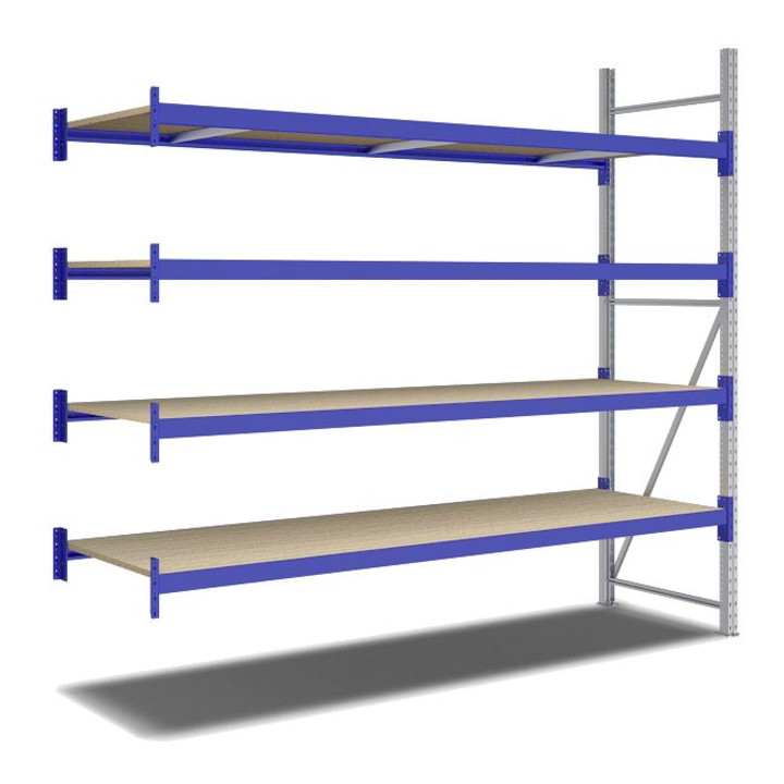 Bito Weitspannregal Set / F2 Anbaufeld 4 Ebenen H2500xT800xB2700 mm, Spanplatte enzianblau