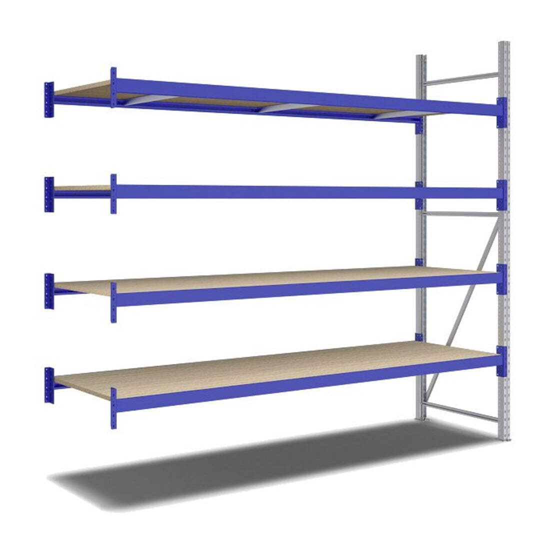 Bito Weitspannregal Set / F2 Anbaufeld 4 Ebenen H2500xT800xB2700 mm, Spanplatte enzianblau