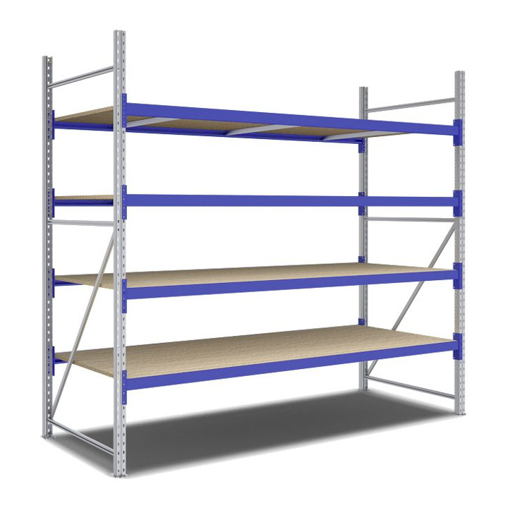 Bito Weitspannregal Set / F2 Grundfeld 4 Ebenen H2500xT1100xB2700 mm, Spanplatte enzianblau