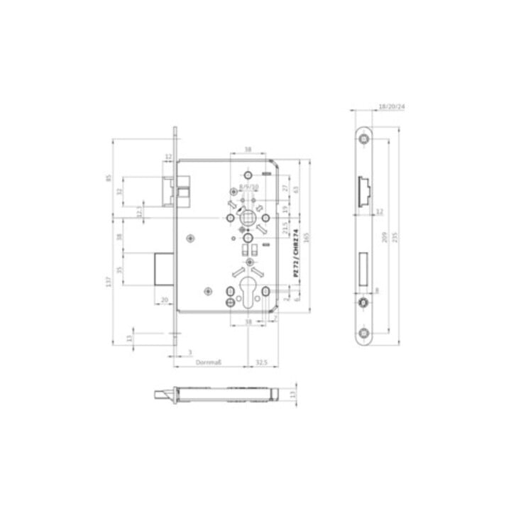 BKS Autorités serrure à mortaiser 0615 PZW 24/60/72/8mm DIN L VA rd Kl 5