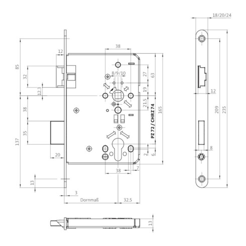 BKS Behörden-Einsteckschloss 0615 PZW 24/55/72/8mm DIN L VA rd Kl 5 Profilzylinder mit Wechsel