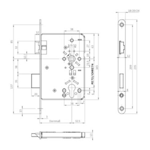 BKS Behörden-Einsteckschloss 0615 PZW 24/55/72/8mm DIN L VA rd Kl 5 Profilzylinder mit Wechsel