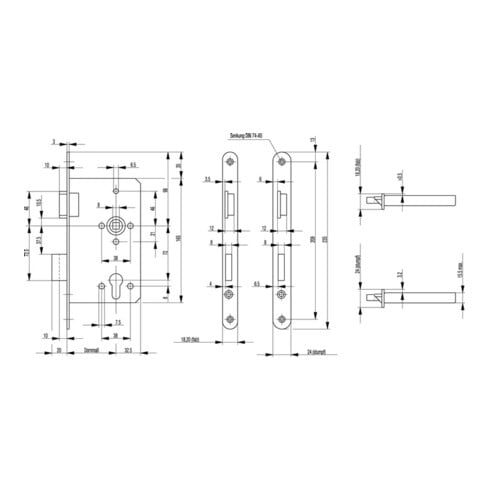 BKS Behörden-Einsteckschloss 0615 PZW 24/55/72/8mm DIN L VA rd Kl 5 Profilzylinder mit Wechsel