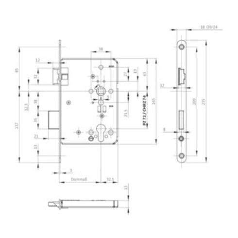 BKS Feuerschutztürschloss B-1206 24/65/72/9mm DIN L 24mm rd