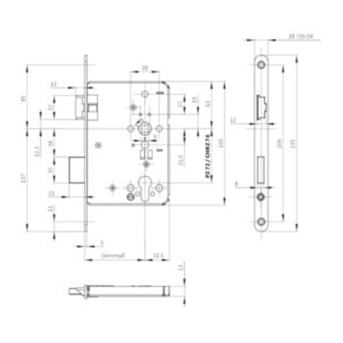 BKS Feuerschutztürschloss B-1206 24/65/72/9mm DIN L 24mm rd