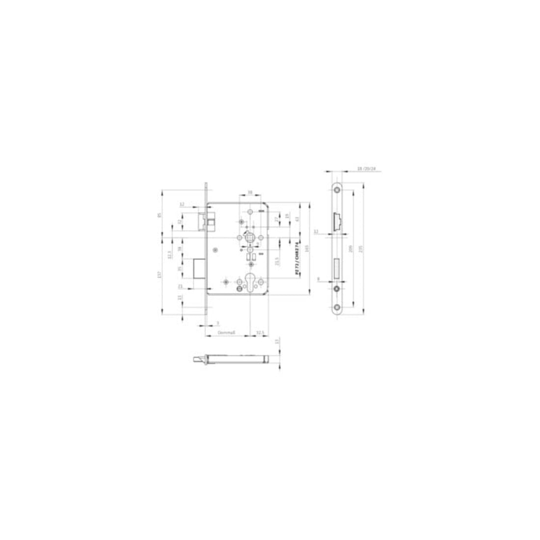 BKS Feuerschutztürschloss B-1206 24/65/72/9mm DIN R 24mm rd