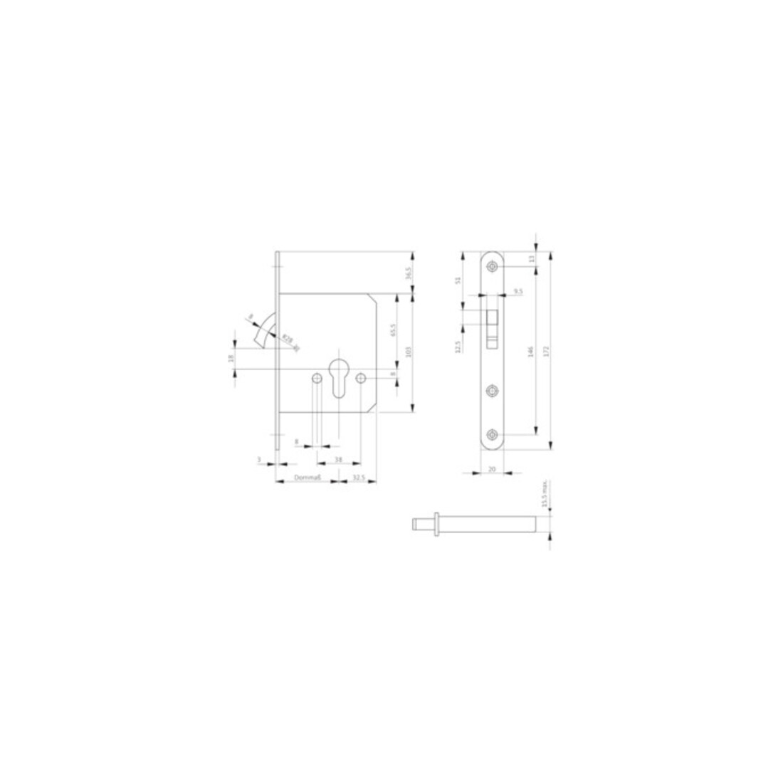 BKS GmbH Serrure à pêne circulaire 0371/0372 Axe PZ 55mm pour embout 20mm VA arrondi