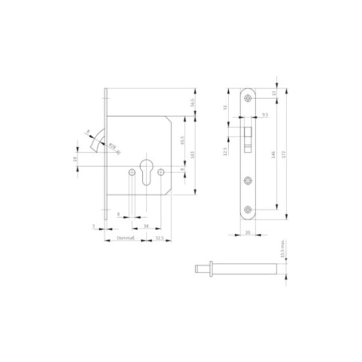 BKS GmbH Zirkelriegelschloss 0371/0372 PZ Dorn 55mm Stulp 20mm abgerundet VA