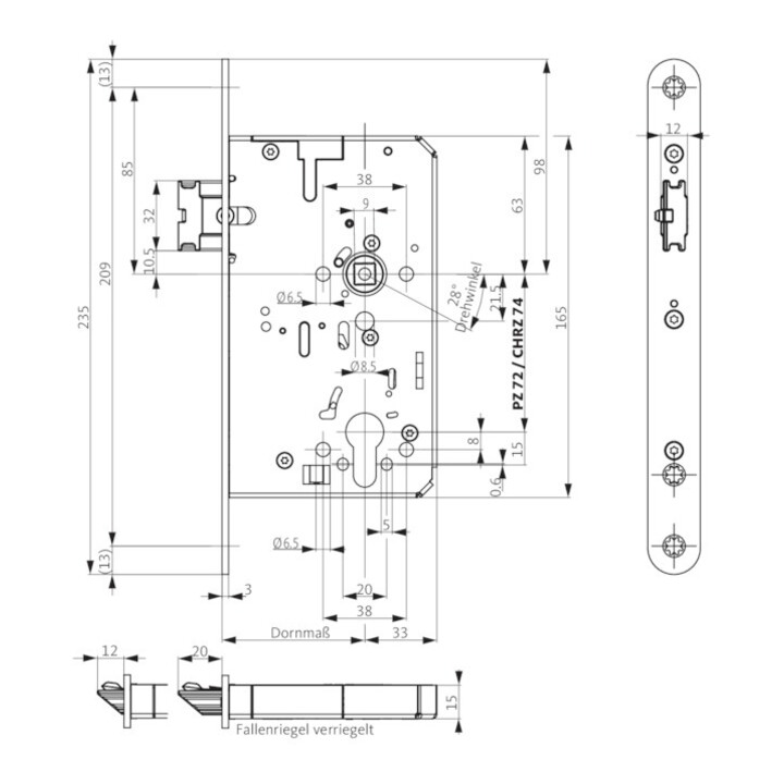 BKS PA-Einsteckschloss B-2110, PZ72/9 D55, F20x235rd ER, PAF-B, DR