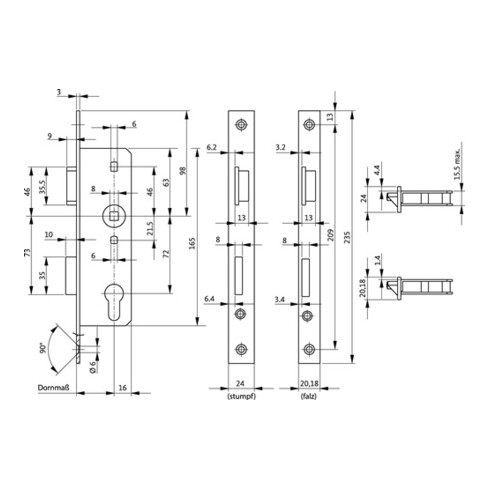 BKS serrure à mortaiser pour porte en verre PZ DIN R broche 35mm distance 72mm VK 8mm pour embout 20mm angulaire