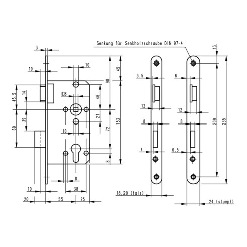 BKS serrure à mortaiser PZW 24/ 55/72/8mm DIN L argent ktg. Kl 2