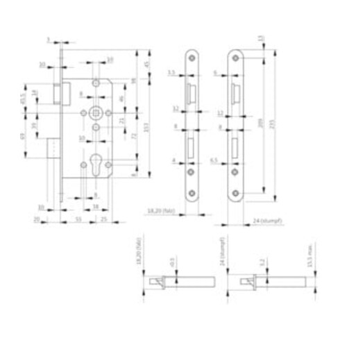 BKS ZT serrure à mortaise 0415 PZW 24/ 55/72/8mm DIN argent ctg.cl 2 zinc moulé sous pression