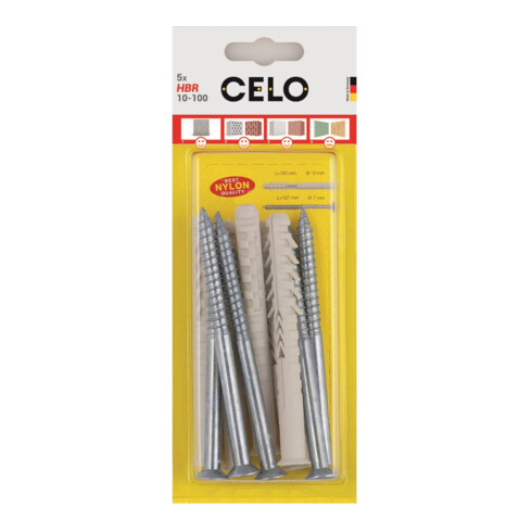 Blister cheville rallongées 10X100 avec vis Hexa. (5 pcs) Celo