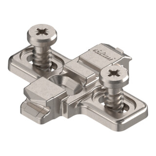 Blum CLIP Montageplatte, kreuz, 0 mm, Zink, mit vormontierten Systemschrauben, HV: Langloch, vernickelt