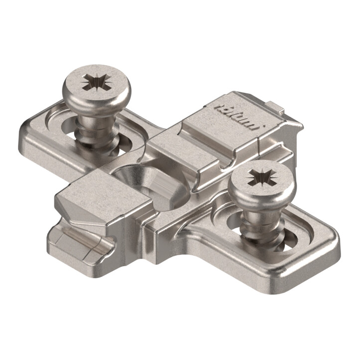 Blum CLIP Montageplatte, kreuz, 0 mm, Zink, Systemschrauben vormontiert-Zwillingsanschlag, HV: Langloch, vernickelt