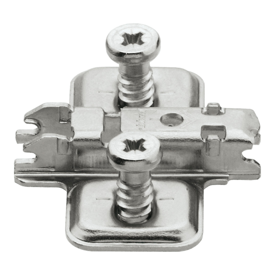 Blum CLIP Plaque de montage croisée, acier, avec vis système pré-montées, HV : fente allongée, nickelée