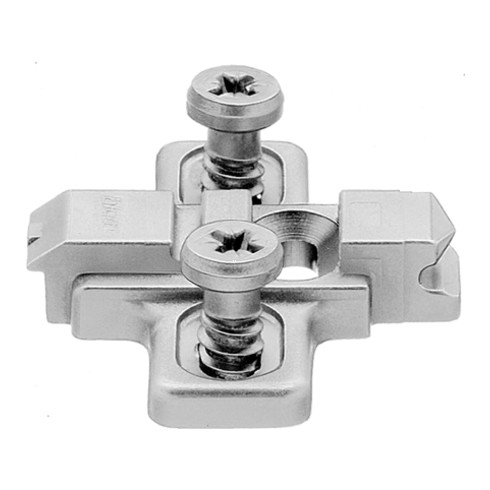 Blum CLIP Plaque de montage, croix, 0 mm, zinc, avec vis système prémontées, HV : fente longue, nickelée