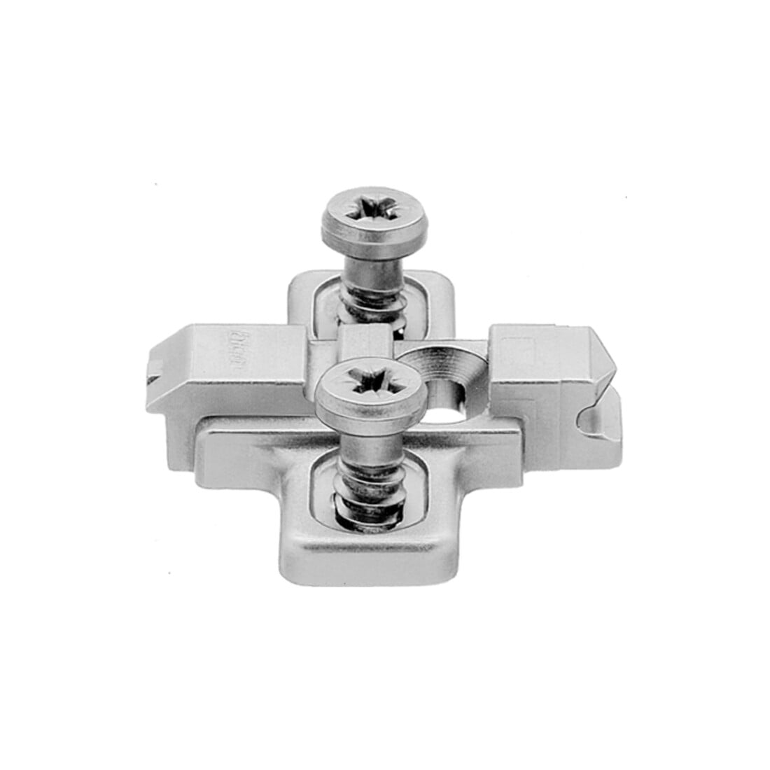 Blum CLIP Plaque de montage, croix, 0 mm, zinc, avec vis système prémontées, HV : fente longue, nickelée