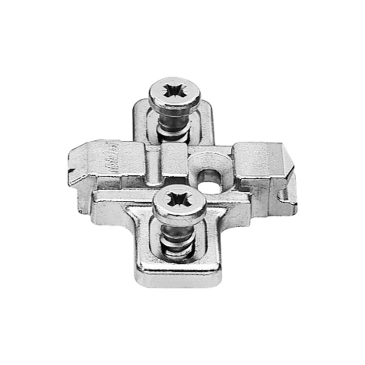 Blum CLIP Plaque de montage, croix, 0 mm, zinc, vis système prémontées - butée double, HV : fente allongée, nickelée