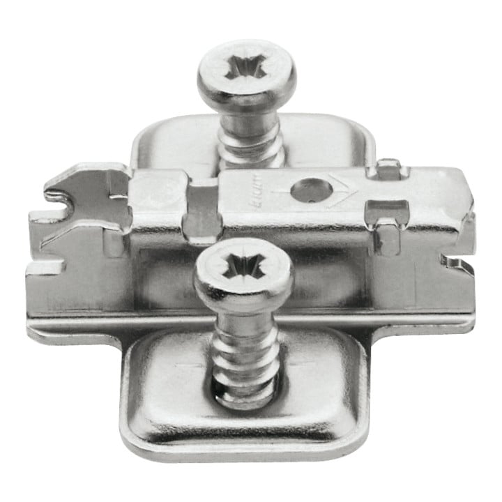 Blum CLIP Plaque de montage, croix, 3 mm, acier, avec vis système prémontées, HV : fente longue, nickelé