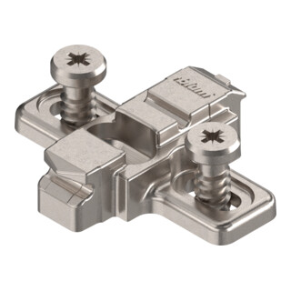 Blum CLIP Plaque de montage, croix, 3 mm, zinc, avec vis système prémontées, HV : fente longue, nickelée