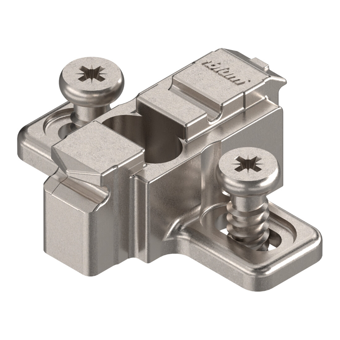 Blum CLIP Plaque de montage, croix, 9 mm, zinc, avec vis système prémontées, HV : fente allongée, nickelée