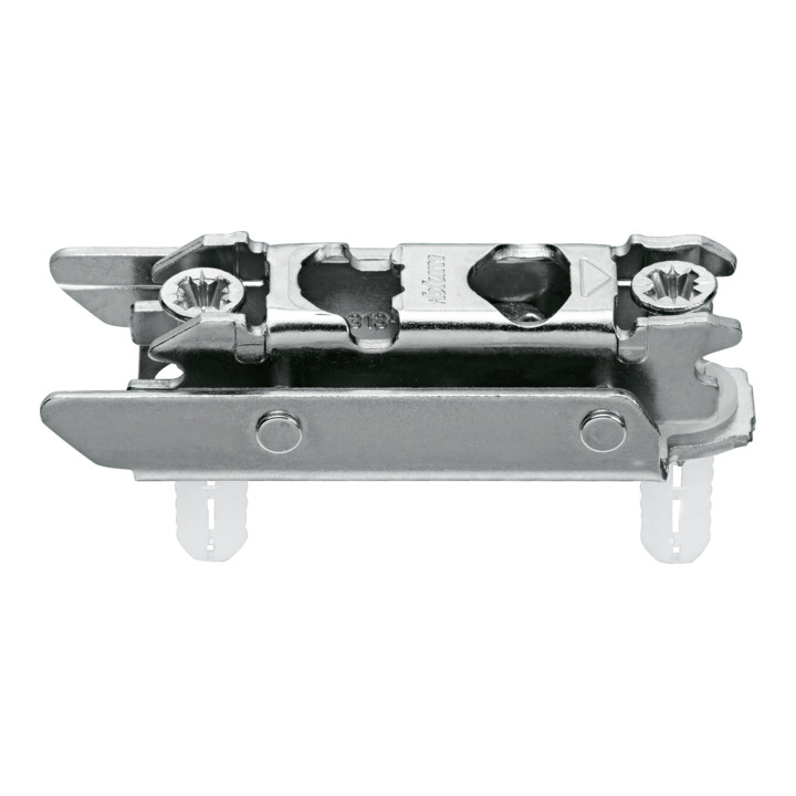 Blum CLIP Plaque de montage, droite, 3 mm, acier, EXPANDO (vis spéciales prémontées avec cheville à expansion), HV : excentrique, nickelée