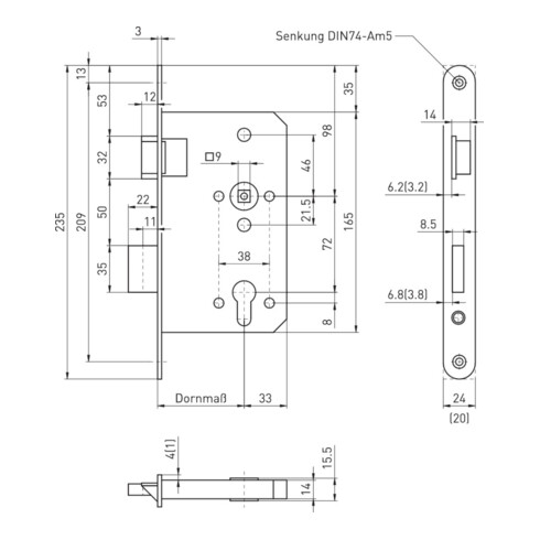 BMH Panik-Einsteckschloss 1013 PZ72/9,D65,F