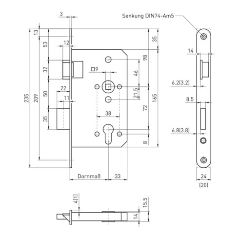 BMH Panik-Einsteckschloss 1013 PZW72/9,D65