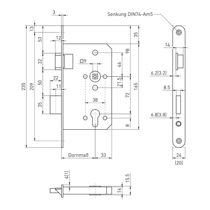BMH Panik-Einsteckschloss 1013PZ72/9,D65,F2