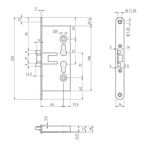 BMH Serrure à encastrer, 1739, PZW72/9, D65, F24x235rd
