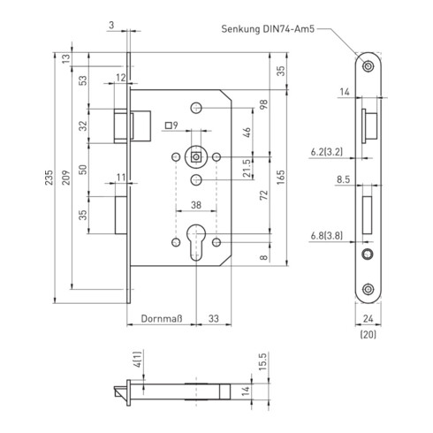 BMH Serrure à encastrer PA, 1028, PZ72/9, D65, F24x235rd, ER, PAF-B, DL au choix