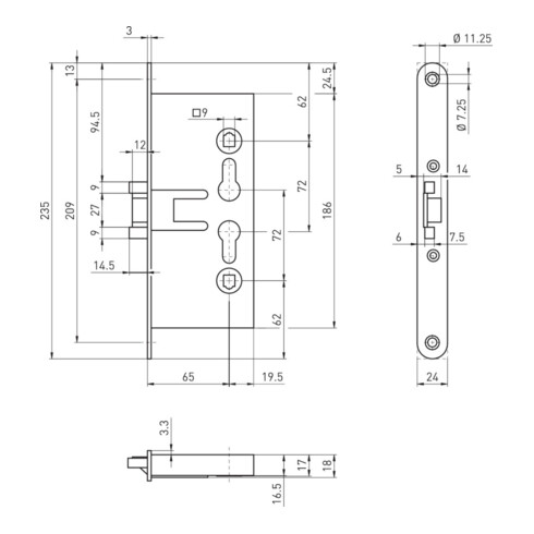 BMH Serrure à encastrer PA, 1759, PZW72/9, D65, F24x235rd, PAF-E choisie