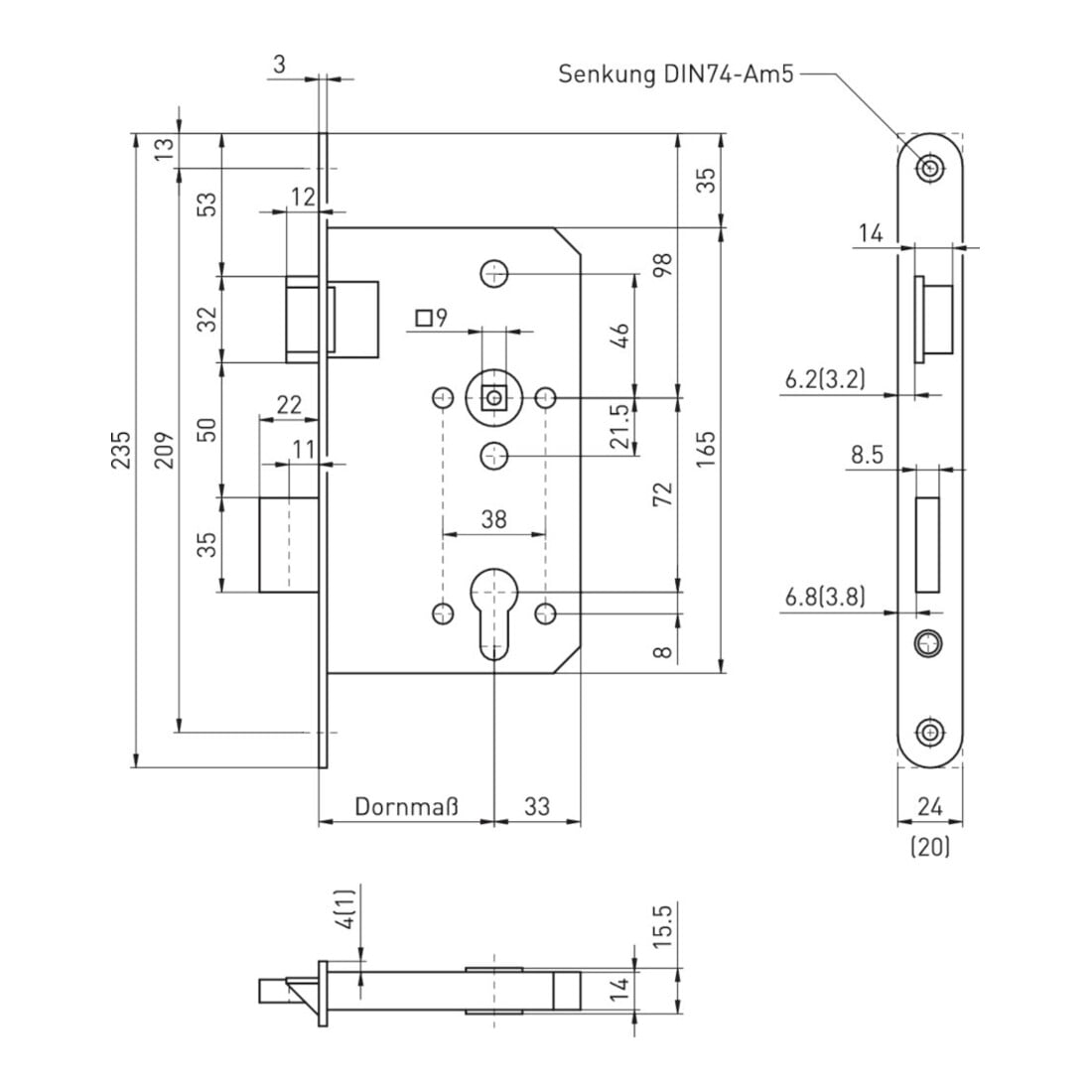 BMH Serrure à encastrer panique 1013 PZ72/9,H65,P