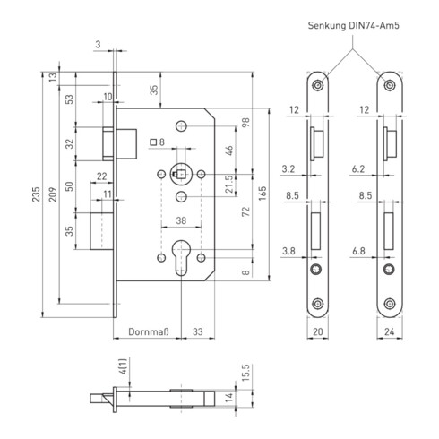 BMH Serrure à encastrer pour porte intérieure 300, WC78/8, D55, F20