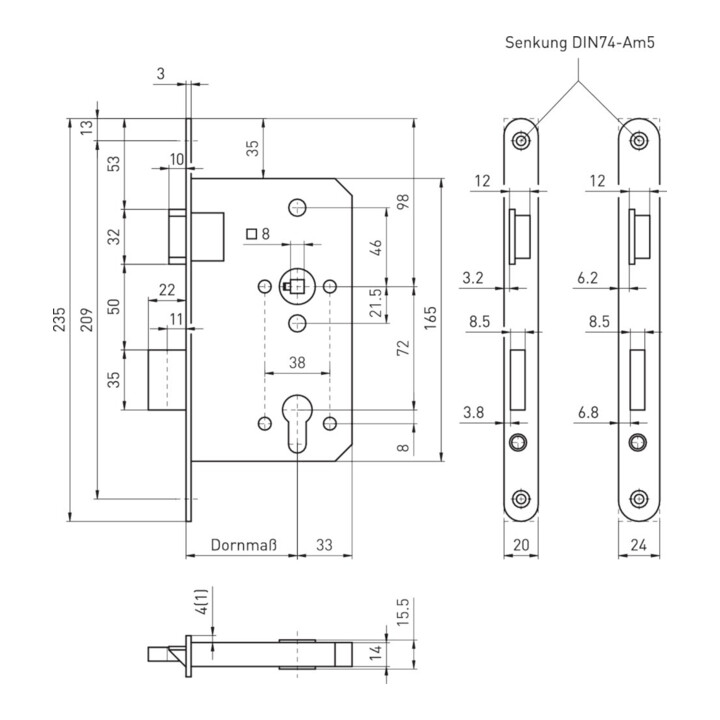 BMH Serrure à encastrer pour porte intérieure 300, WC78/8, D55, F20