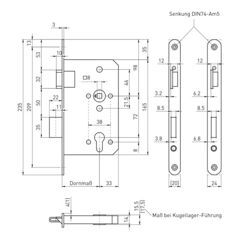 BMH Serrure à encastrer pour porte intérieure 450, PZW72/8, D65, F20