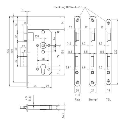 BMH Serrure à encastrer pour porte intérieure 50, PZW72/8, D55, F20