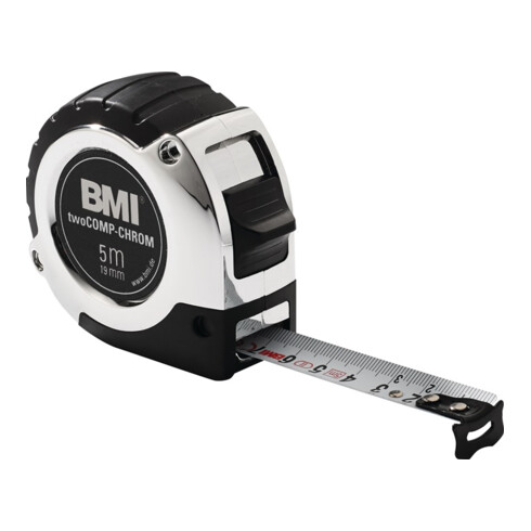 BMI Taschenrollbandmaß, verchromtes Kunststoffgehäuse, Bandbremse, automatischer Bandrücklauf